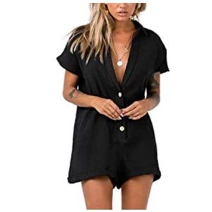 Women's V Neck Button Rompers Short Sleeve Loose Jumpsuit with Pockets